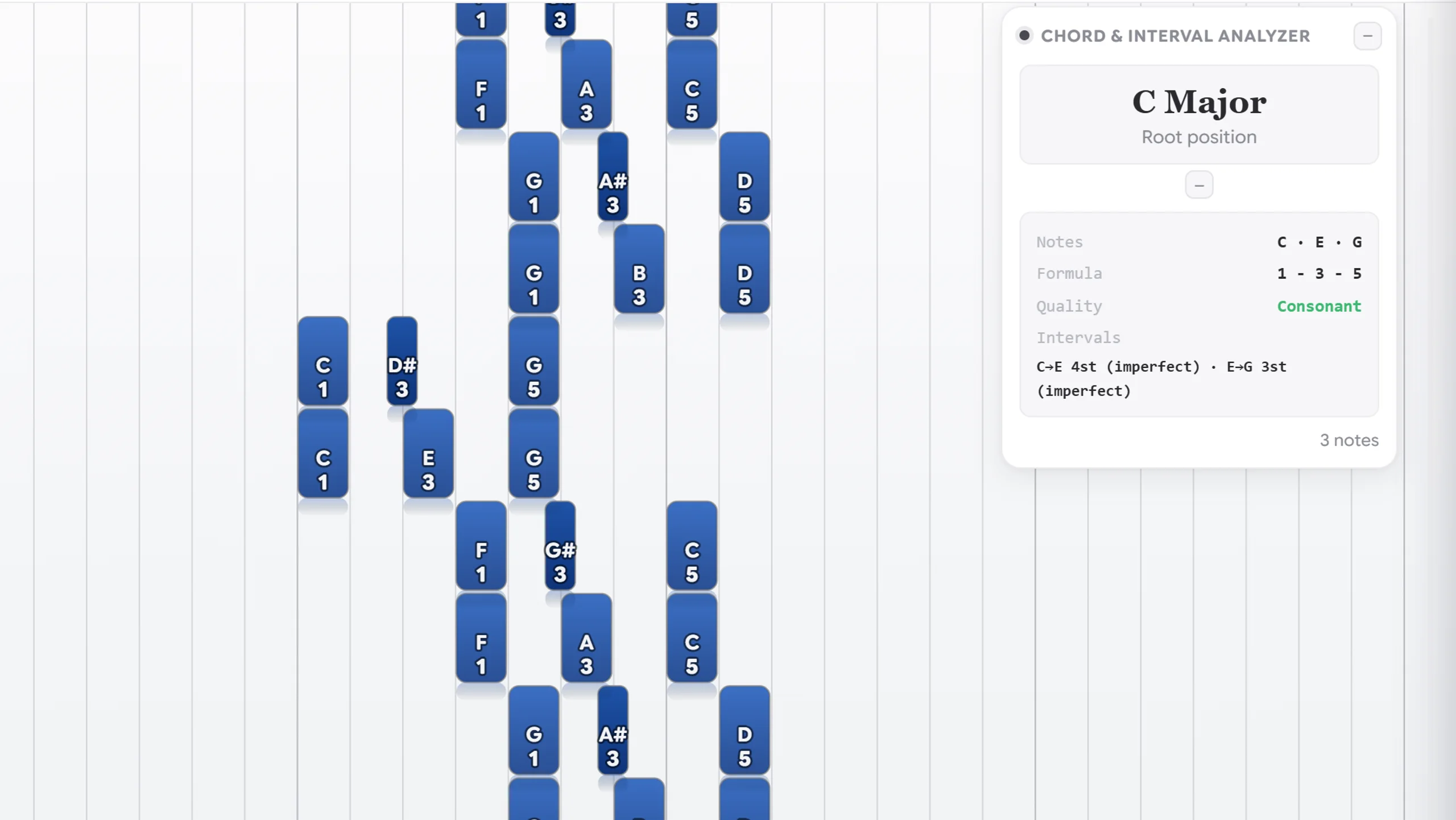 The chord and interval analyzer naming a chord as C Major in root position, listing its notes C, E and G, the formula 1-3-5, its quality as consonant and the intervals inside it, beside falling notes each labelled with the finger to use