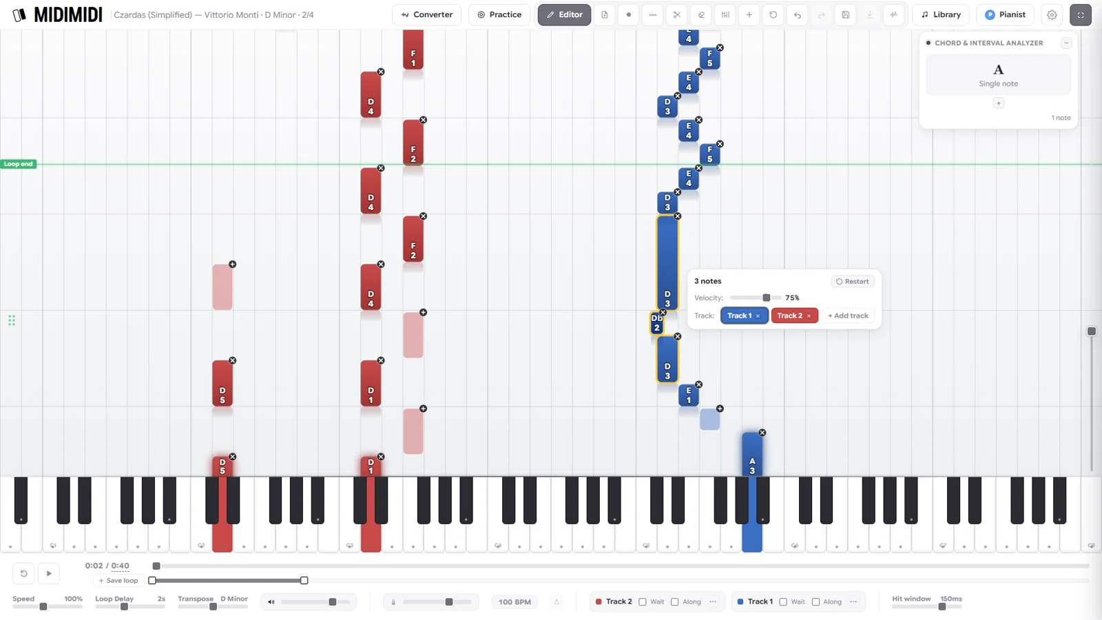 The notes editor open on Czardas, with notes selected and a loop range set