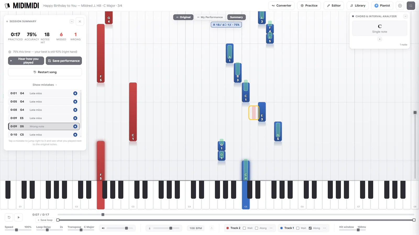 A song being played: session summary showing 75% accuracy with every missed and wrong note listed, beside the original and your own performance