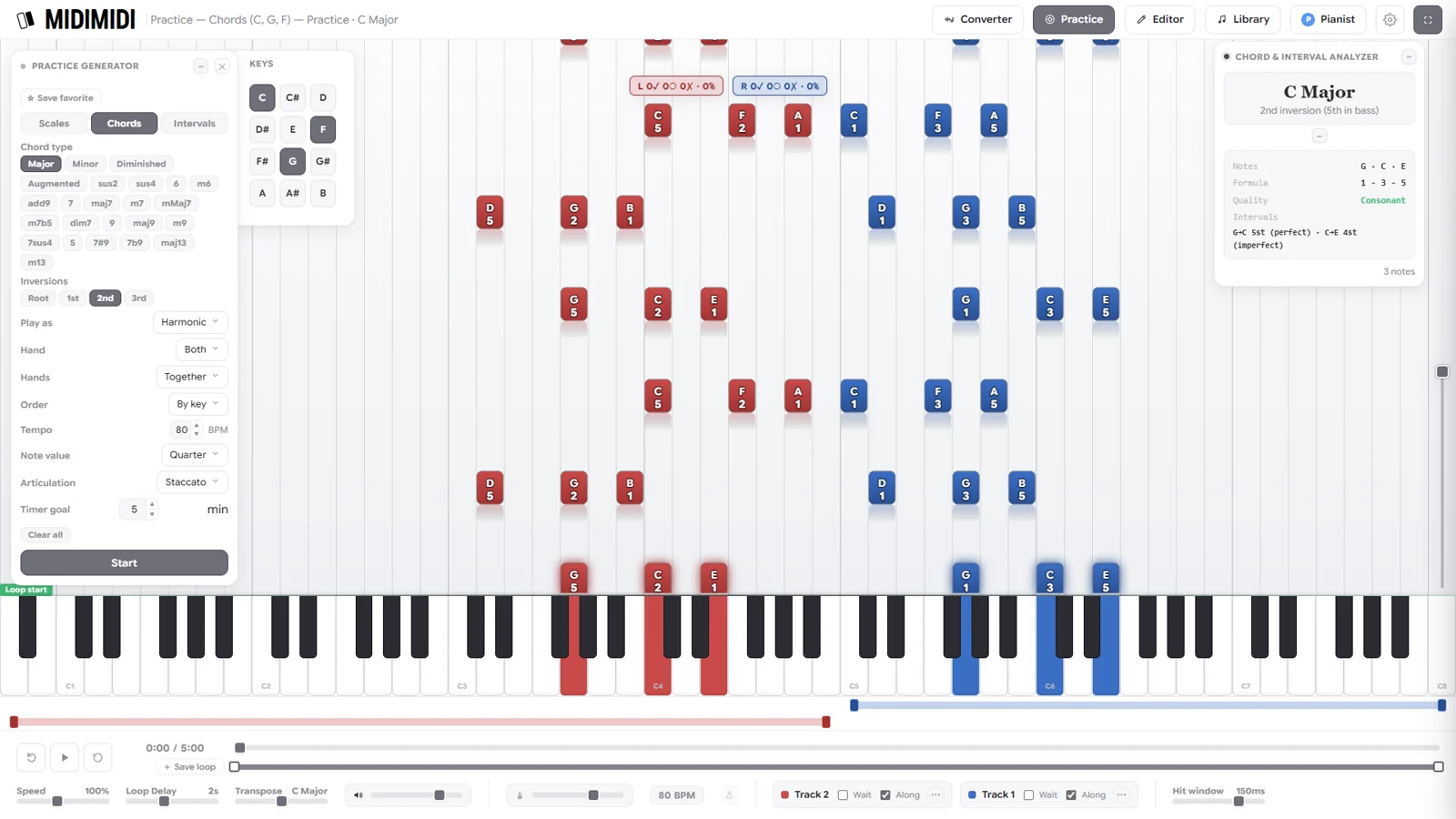 The practice generator producing chord exercises, with the analyzer naming C Major in 2nd inversion